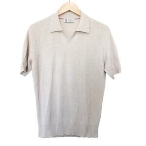 Brunello Cucinelli Cream Ribbed Knit Short Sleeve Polo Sweater Sz 46